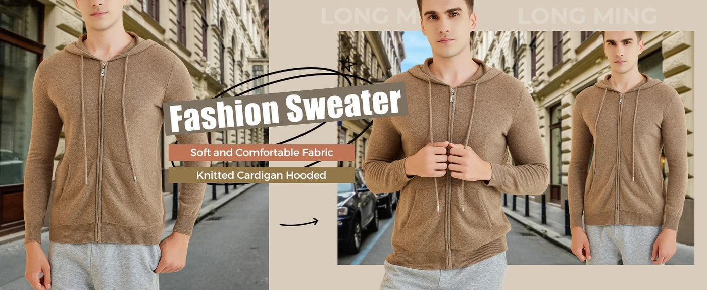 LONGMING Sweater Men's Cardigan Hoodies 100% Merino Wool 2023 Fall Winter Warm Long Sleeve Zip Sweatshirt Sport Hooded Jacket