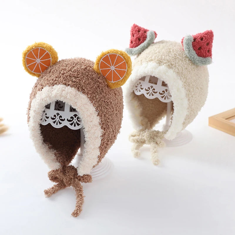 Cute Fruit Ear Baby Hat Winter Warm Plush Ear Protection Cap for Kids Boy Girl Cartoon Children Beanies Caps Bonnet