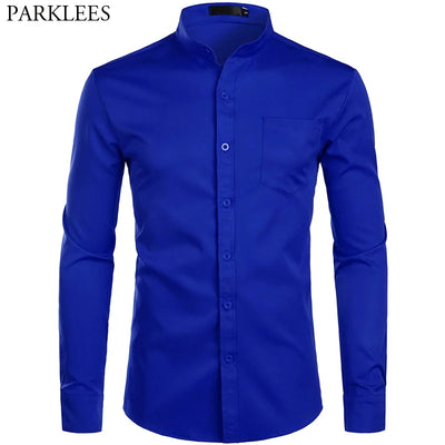 Men's Royal Blue Dress Shirts 2022 Brand Banded Mandarin Collar Shirt Male Long Sleeve Casual Button Down Shirt with Pocket 2XL