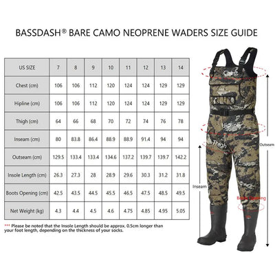 Bassdash Bare Camo Neoprene Chest Fishing Hunting Waders for Men with 600 Grams Insulated Rubber Boot Foot in 8 Sizes