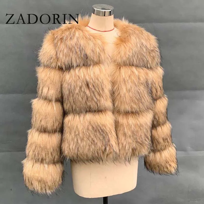 ZADORIN Women Fashion Faux Raccoon Fur Coat Luxury Short Furry Fur Top Jacket Women Winter Plush Fluffy Fur Coats for Women