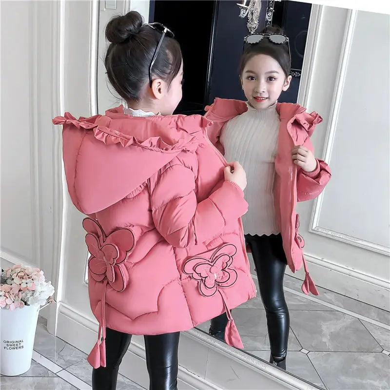 3-12Y toddler Girls Long Jacket Outwear Children Cotton-padded Jacket Girl Winter down Clothes Warm Coat Fur Hooed Snowsuit Kids