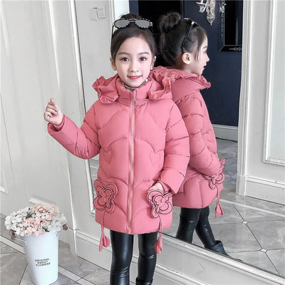 3-12Y toddler Girls Long Jacket Outwear Children Cotton-padded Jacket Girl Winter down Clothes Warm Coat Fur Hooed Snowsuit Kids