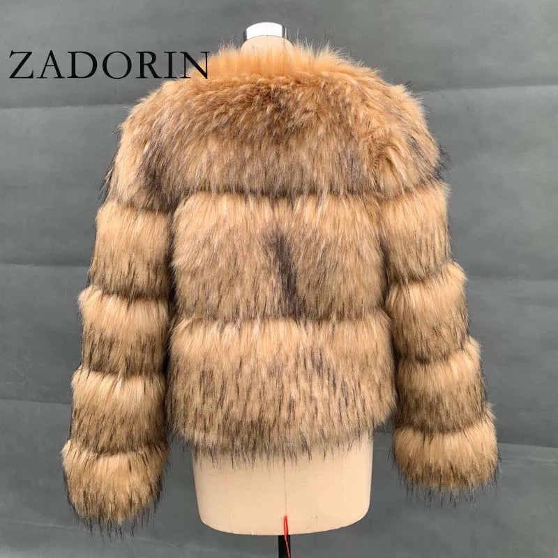 ZADORIN Women Fashion Faux Raccoon Fur Coat Luxury Short Furry Fur Top Jacket Women Winter Plush Fluffy Fur Coats for Women