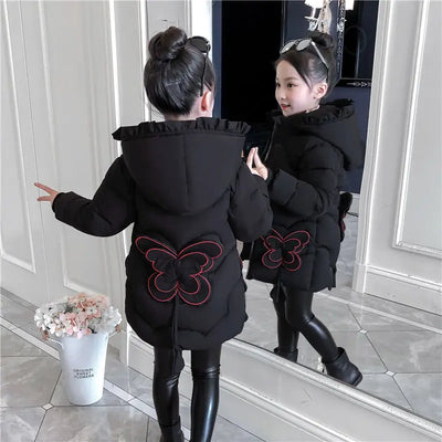 3-12Y toddler Girls Long Jacket Outwear Children Cotton-padded Jacket Girl Winter down Clothes Warm Coat Fur Hooed Snowsuit Kids