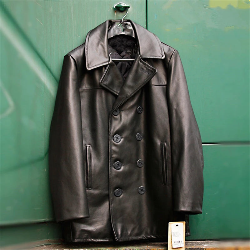 Read Description! Asian Size Genuine Men's Classic Winter Cowhide Leather Wind Pea Coat