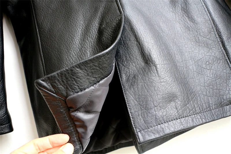 Read Description! Asian Size Genuine Men's Classic Winter Cowhide Leather Wind Pea Coat