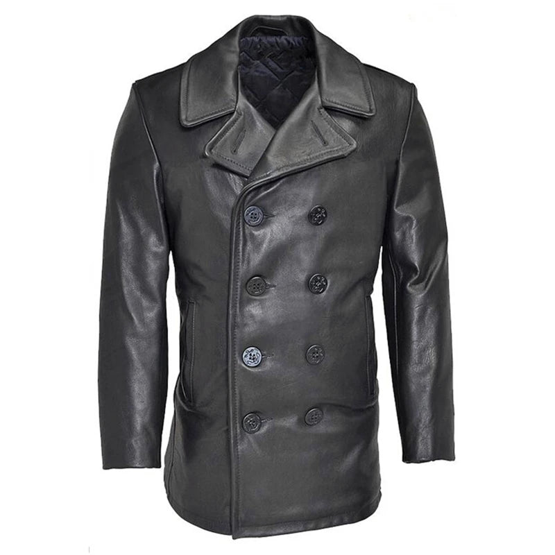 Read Description! Asian Size Genuine Men's Classic Winter Cowhide Leather Wind Pea Coat