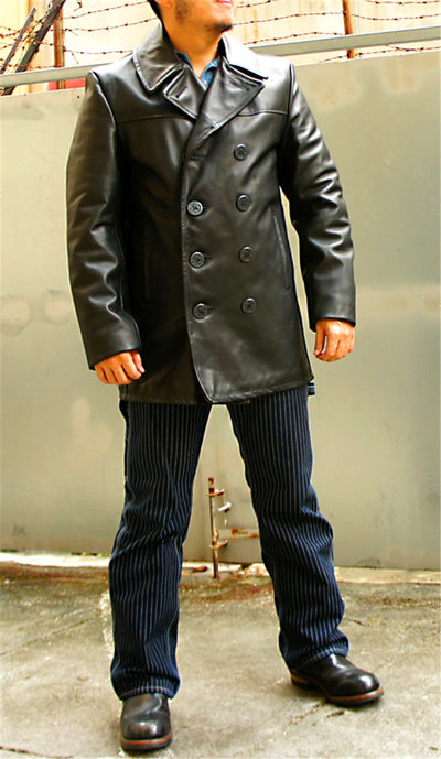 Read Description! Asian Size Genuine Men's Classic Winter Cowhide Leather Wind Pea Coat