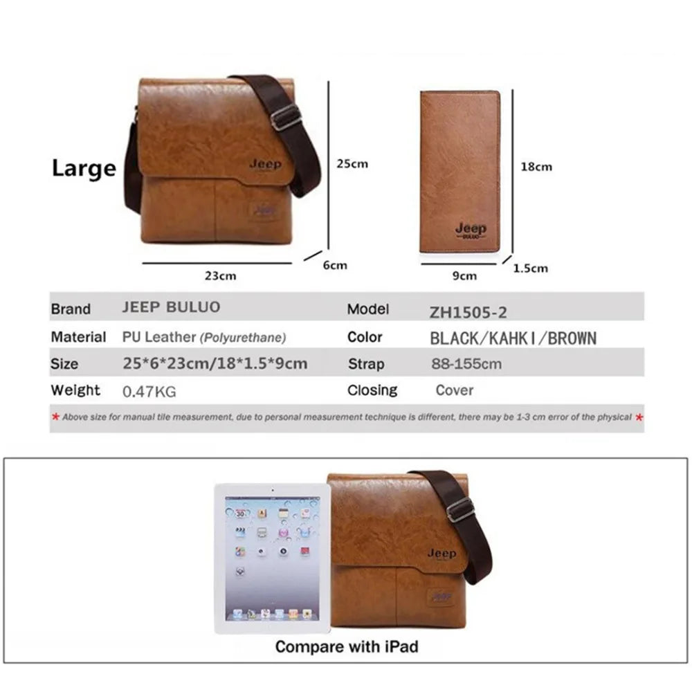 JEEP BULUO Men Bag Famous Brand 2 pcs Set Man Leather Messenger Shouder Bag Business Travelling Bags Male Tote Cross body Bags