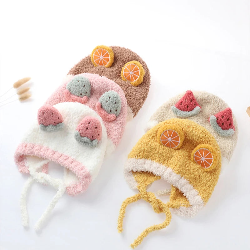 Cute Fruit Ear Baby Hat Winter Warm Plush Ear Protection Cap for Kids Boy Girl Cartoon Children Beanies Caps Bonnet