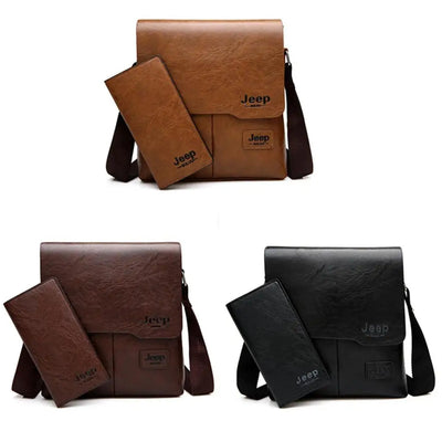 JEEP BULUO Men Bag Famous Brand 2 pcs Set Man Leather Messenger Shouder Bag Business Travelling Bags Male Tote Cross body Bags