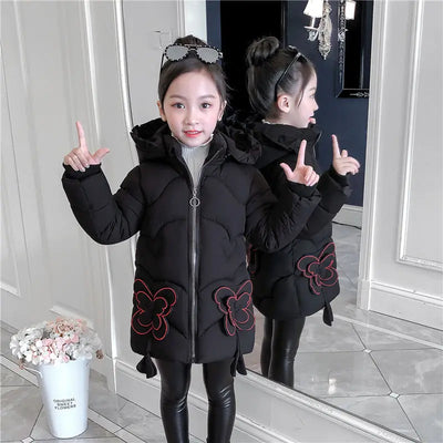 3-12Y toddler Girls Long Jacket Outwear Children Cotton-padded Jacket Girl Winter down Clothes Warm Coat Fur Hooed Snowsuit Kids