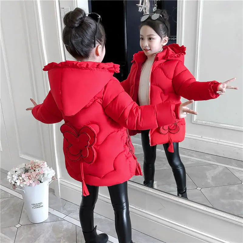 3-12Y toddler Girls Long Jacket Outwear Children Cotton-padded Jacket Girl Winter down Clothes Warm Coat Fur Hooed Snowsuit Kids