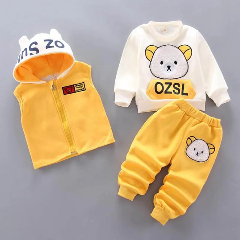 Baby Boys And Girls Clothing Set Tricken Fleece Children Hooded Outerwear Tops Pants 3PCS Outfits Kids Toddler Warm Costume Suit