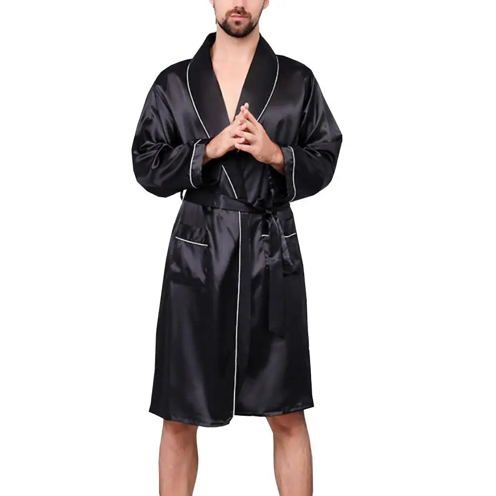 Summer Men Robe Imitation Silk with Pockets Waist Belt Bath Robe Home Gown Sleepwear