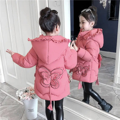 3-12Y toddler Girls Long Jacket Outwear Children Cotton-padded Jacket Girl Winter down Clothes Warm Coat Fur Hooed Snowsuit Kids