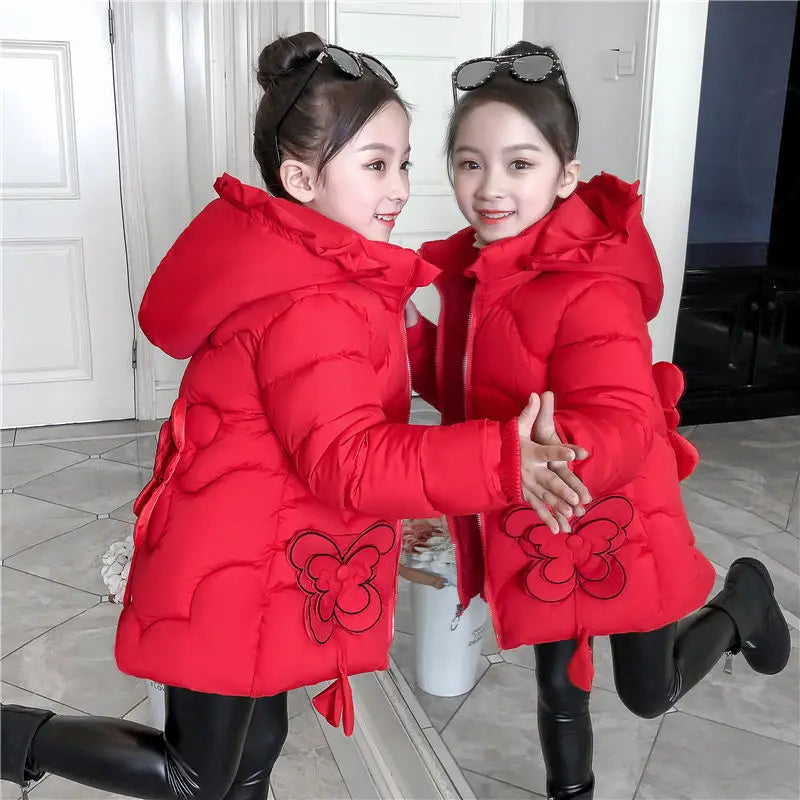 3-12Y toddler Girls Long Jacket Outwear Children Cotton-padded Jacket Girl Winter down Clothes Warm Coat Fur Hooed Snowsuit Kids