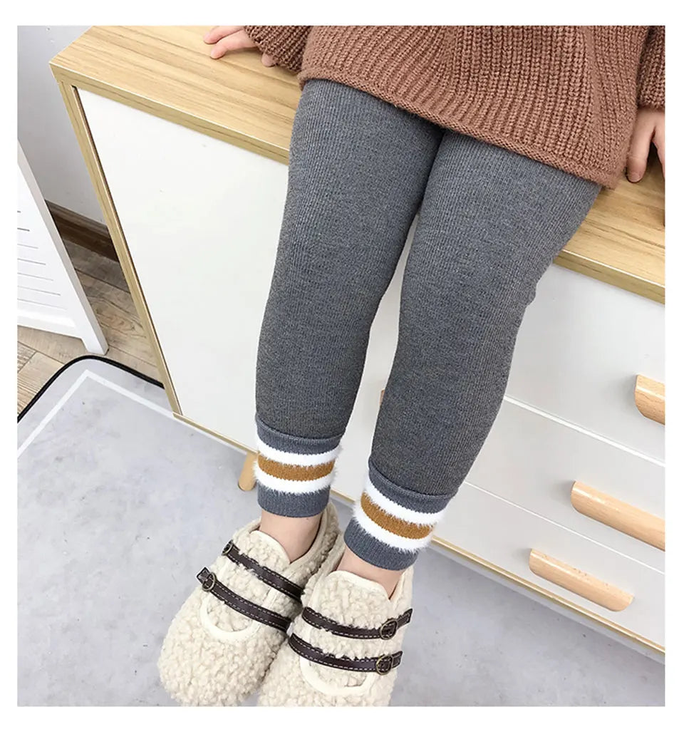 Toddler Girls Winter Thermal Leggings Autumn Children Velvet Thick Pants Kids Warm Cute Princess Stripe Tights Baby Accessories