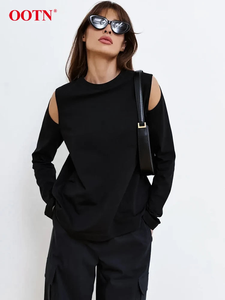 OOTN Sexy Black Hollow Out T Shirts Fashion Casual Slim O Neck Tees Female Spring Street Cotton Long Sleeve Shirt Women 2024