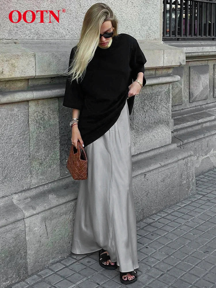 OOTN Elegant Satin Gray High Waist Skirts Autumn Ankle-Length Trumpet Skirts Female Fashion Office Zipper Long Skirt Women 2023