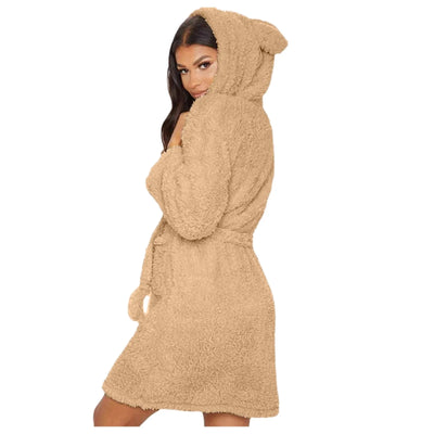 Winter Warm Casual Robes Woman Ear Hooded Bathrobe Plush Robe V Neck Long Sleeve Shawl Kimono Warm Bath Robes Coat