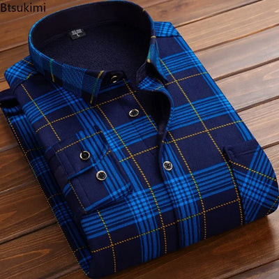 2024 Men's Casual Thick Warm Plaid Long Sleeve Shirts Autumn Winter Fashion Shirt for Men Formal Business Office Shirts Camisas