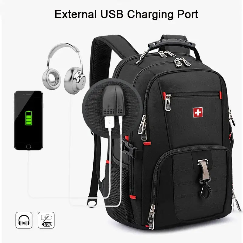 SWISS Classic Men Durable 17 Inch Laptop Backpack 80L Travel Bag College Bookbag USB Charging Waterproof Multifunctional Mochila