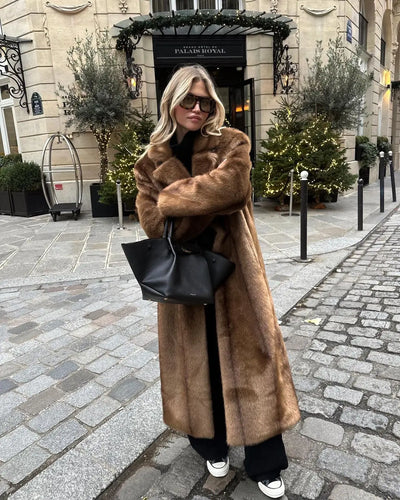 Women's Thick Brown Faux Fur Long Overcoat Fashion Fleece Warm Long Trench Coats Winter Fluffy Plush 2024 New Street Outerwear