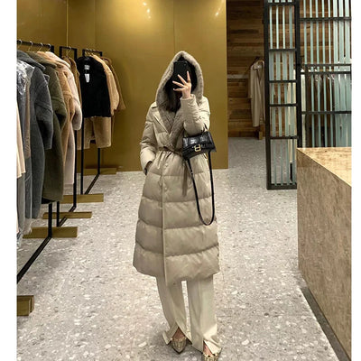 2023 Winter Women Long Coats Filling White Goose Down With Natural Real Mink Fur Collar Luxury Thick Warm Hooded Fashion Jacket