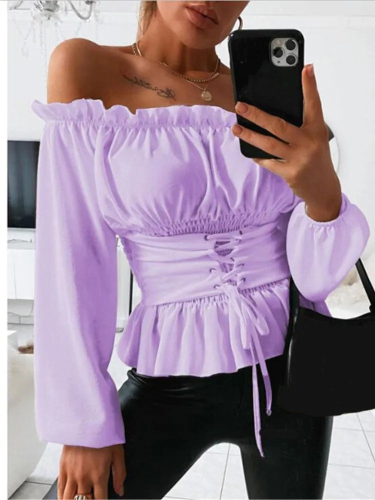 Elegant Women's Blouse Off Shoulder Lace-up Ruffles Slim Pink Blouses And Tops 2023 Spring Autumn Woman White Casual Shirt Top