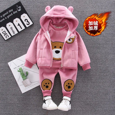 Kids Thickened Sets Children Padded Warm Tripartite Boys Girls Cotton Top Coat Pants 3Pcs Toddler Cute Plush Outfit Baby Costume