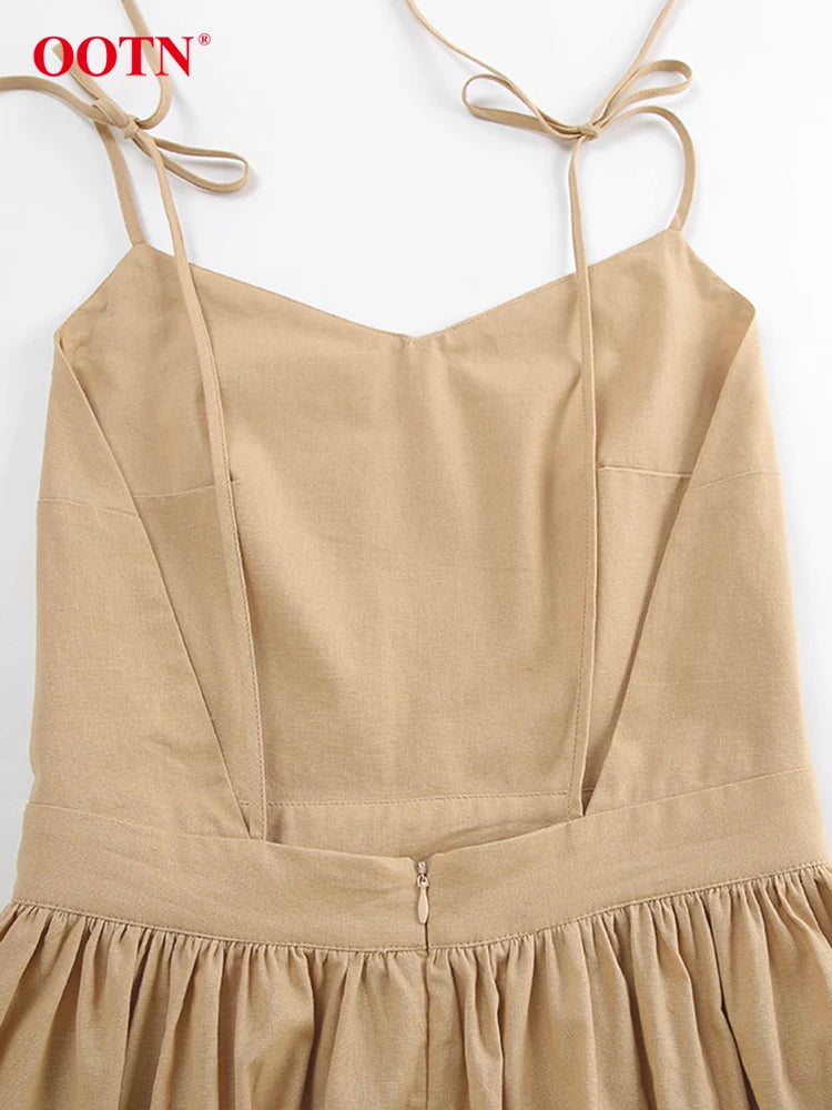 OOTN Summer Brown Linen Long Dress Women 2024 Fashion Khaki Pockets A-Line Pleated Dresses Casual Green Backless Sexy Dress Lady