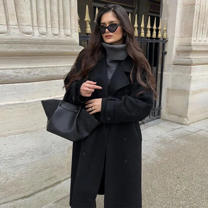 Casual Double-breasted Lapel Oversized Woolen Overcoat Women Chic Pockets Full Sleeve Coat 2024 New Autumn Lady Retro Streetwear