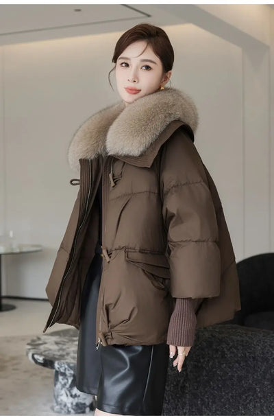 Winter New Fur Collar Puffer Down Parka Loose Down Warmer Thicken Snow Jacket Pocket Zipper Faux Fur Outerwear Female