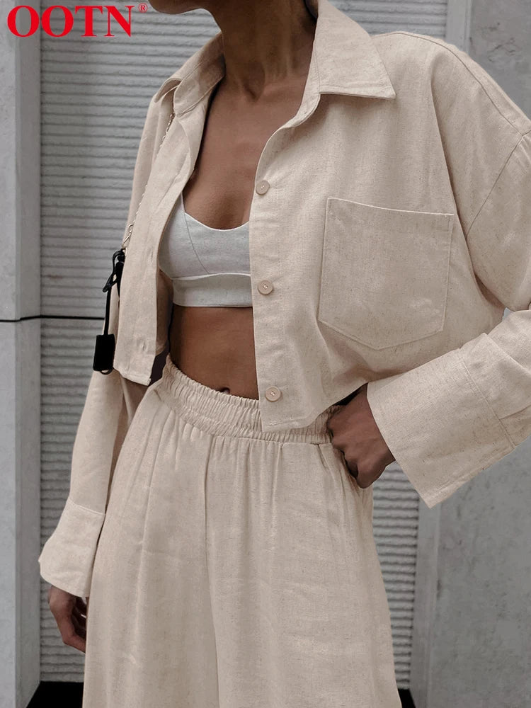 OOTN Cotton Linen Two Piece Sets Loose Long Sleeve Women Tops Khaki Elastic Waist Long Pants Suits Spring Casual 2024 Fashion