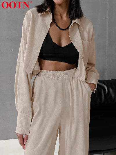 OOTN Cotton Linen Two Piece Sets Loose Long Sleeve Women Tops Khaki Elastic Waist Long Pants Suits Spring Casual 2024 Fashion