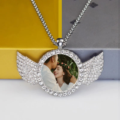 Custom Couple Photo Angel Wings Pendant with Long Chain Rhinestone Necklace Personalized Glass Dome Image Valentine's Day Gift