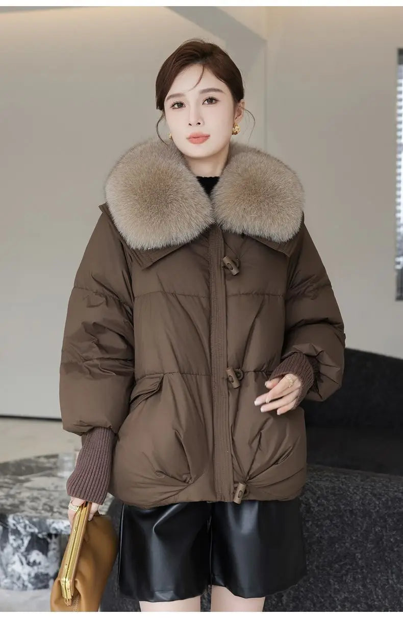 Winter New Fur Collar Puffer Down Parka Loose Down Warmer Thicken Snow Jacket Pocket Zipper Faux Fur Outerwear Female