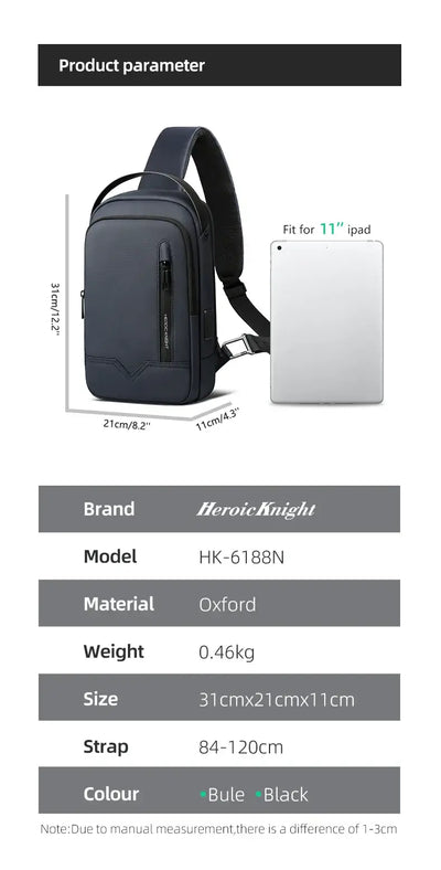 Heroic Knight Business Large Capacity Crossbody Bag For Men Waterproof Travel Shoulder Bag 11" IPad USB Charging Male Chest Pack