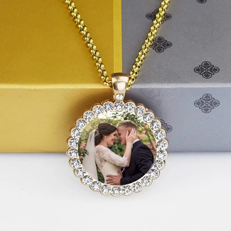 Custom Couple Photo Angel Wings Pendant with Long Chain Rhinestone Necklace Personalized Glass Dome Image Valentine's Day Gift