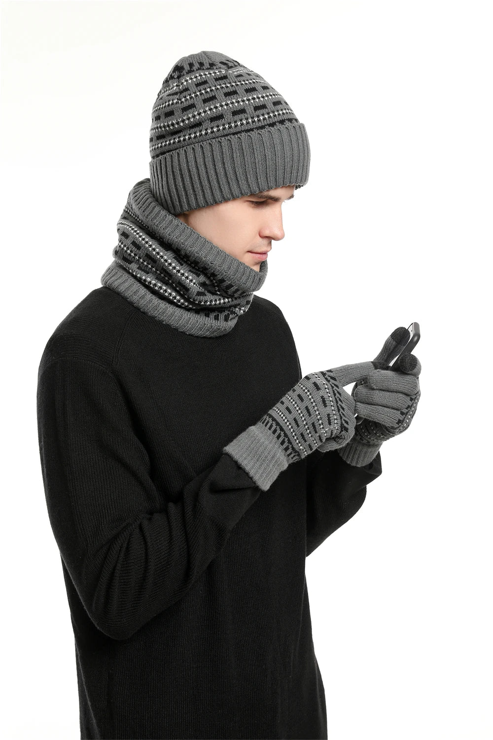 Men's Winter Keep Warm Set Unisex Beanie Telefingers Gloves Fleece Lining Scarf Male Woolen Yarn Knitted Muffler Neck Gaiter Hat