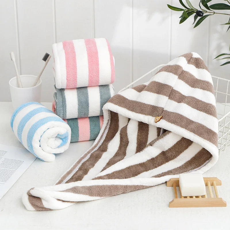 Stripe Quick-dry Hair Towel Women Hair Drying Hat Coral Fleece Solid Towel Cap Super Absorption Turban Hair Dry Cap