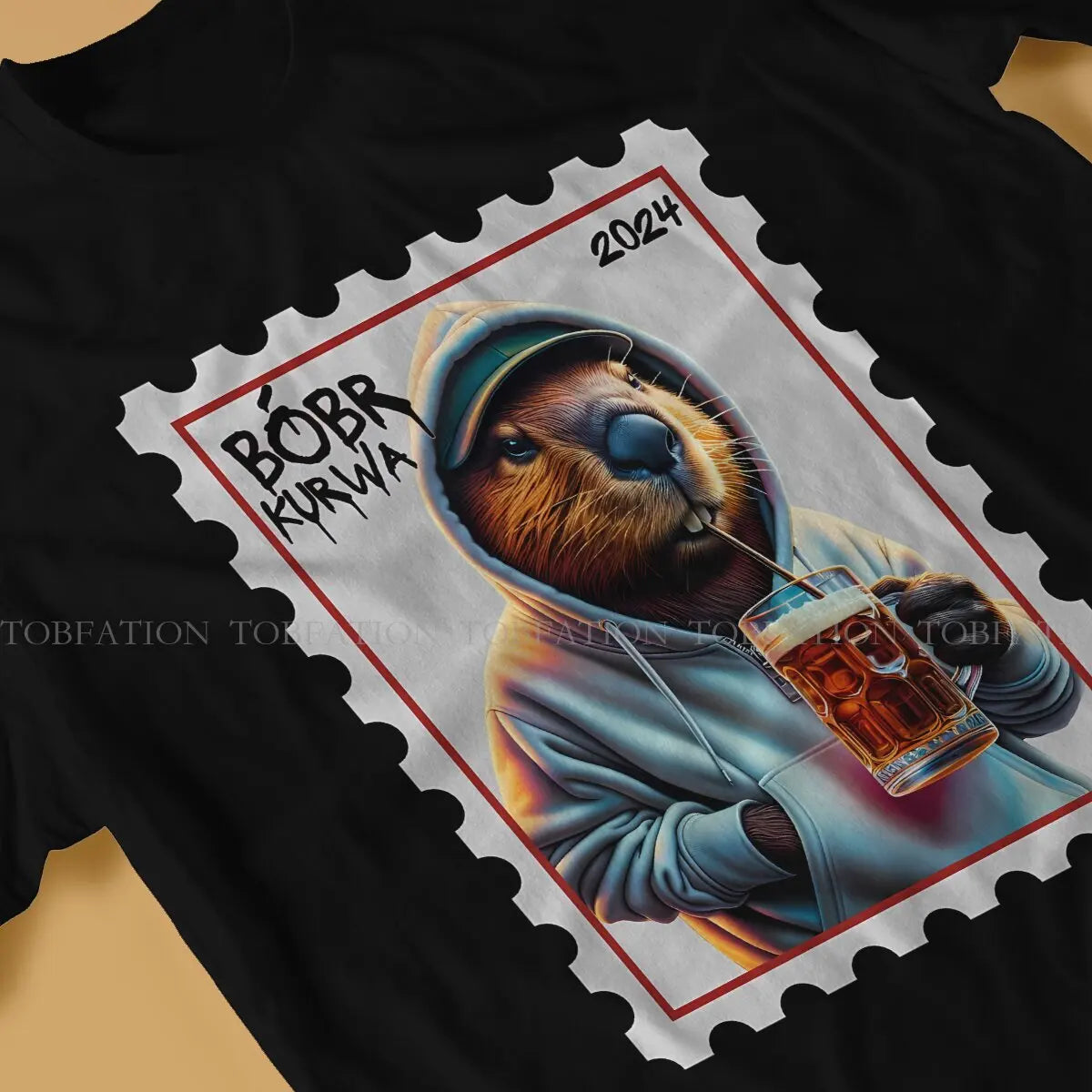 Drinking Beer With A Wooden Straw Graphic TShirt Kurwa Bobr Bober Printing Tops Leisure T Shirt Men Tee Unique Gift Clothes