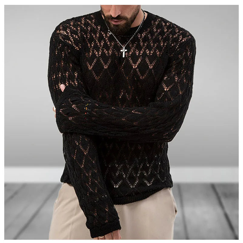 Sexy Hollow Men's Knitwear Party Perspective Thin Pullover Sweater Sexy Mesh Men Knit Sweater Fashion Personality Men's Clothing