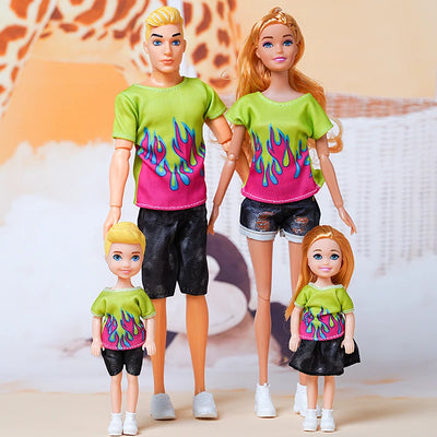 1/6 Barbi Doll Toy Family Doll Set of 4 People Mom Dad Kids 30cm Barbies Doll Full Set With Clothes for Education Birthday Gift