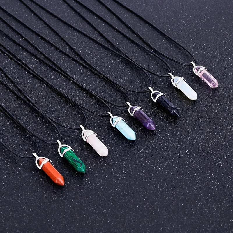 2023 Hexagonal Column Quartz Necklaces Turquoises Pink Crystal Pendent Necklace For Women Chain Natural Stone Choker Jewelry