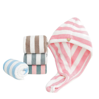 Stripe Quick-dry Hair Towel Women Hair Drying Hat Coral Fleece Solid Towel Cap Super Absorption Turban Hair Dry Cap