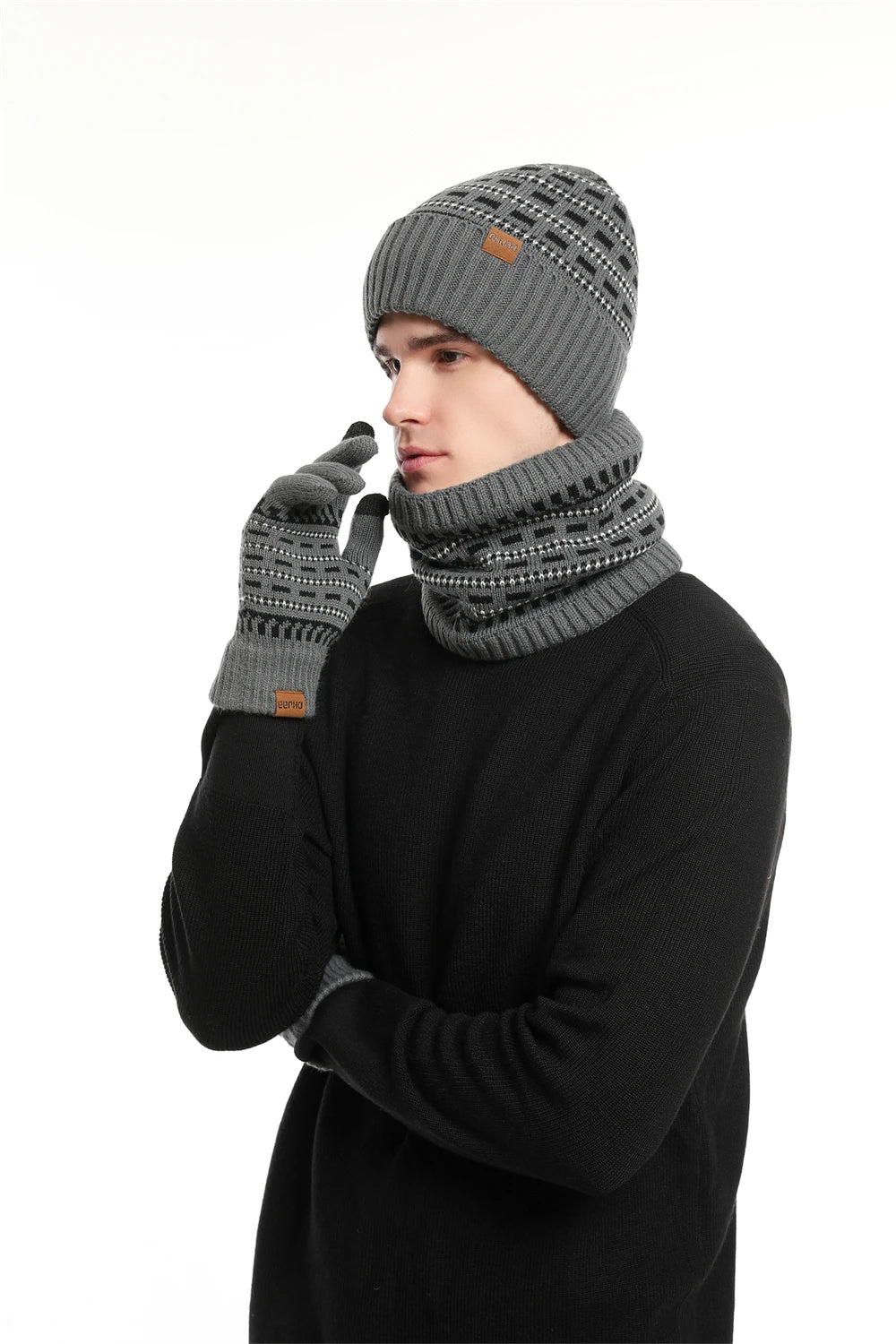 Men's Winter Keep Warm Set Unisex Beanie Telefingers Gloves Fleece Lining Scarf Male Woolen Yarn Knitted Muffler Neck Gaiter Hat