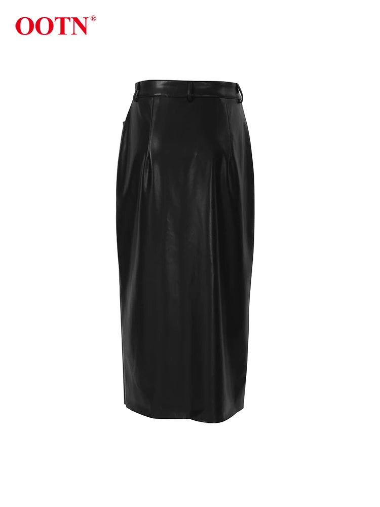 OOTN Sexy Black High Waist Split Skirts Street PU Long Straight Skirt Women 2024 Fashion Casual Mid-Calf Skirts Female Spring